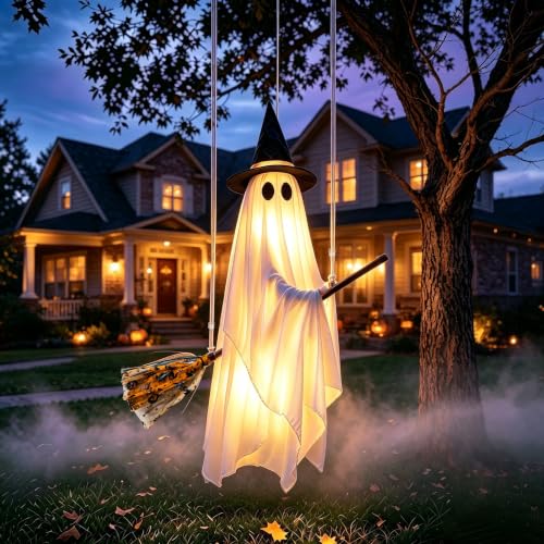 Halloween Ghost Decoration with Witch Hat and Detachable Broom - Outdoor Spooky Yard Decor