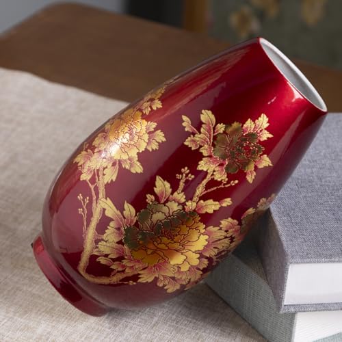 9 Inch Glossy Vintage Ceramic Vase with Floral Design - Wine Red