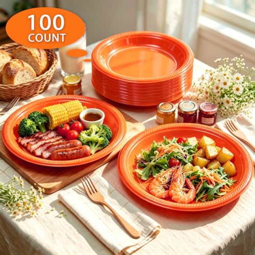 BONSINY 10 Inch Orange Plastic Plates - 100 Pack Disposable Party Tableware - Variation: Orange / 100 Pcs
