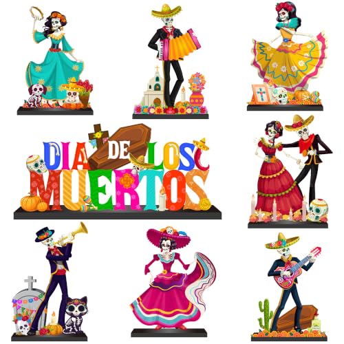 8Pcs Dia De Los Muertos Wooden Table Sign Decorations for Day of the Dead