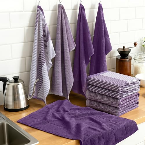 Purple Cotton Terry Kitchen Towels Set - 6 Pack, 18x28 Inches