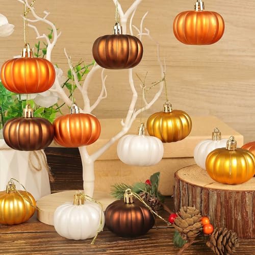 Multi Color Fall Pumpkin Tree Ornaments Set - 12 Mini Hanging Pumpkins