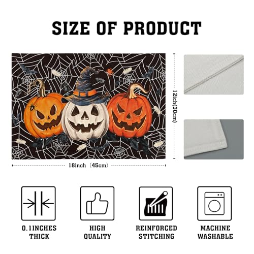 Halloween Placemats Set of 4 - Pumpkin Spider Web Linen Table Mats - Fall Holiday Decor