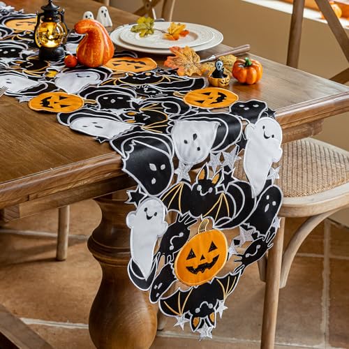 Halloween Spooky Table Runner 14x59 Inch with Embroidered Pumpkins & Bats - Gothic Decor