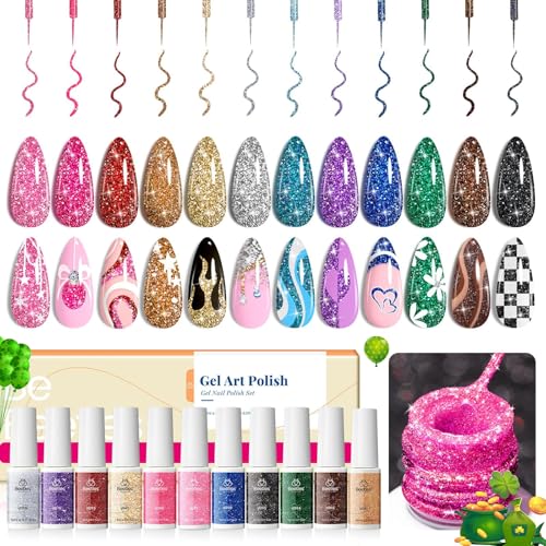 Beetles Nail Art Gel Liner Polish Set - 12 Reflective Glitter Colors, Variation B - Multicolor
