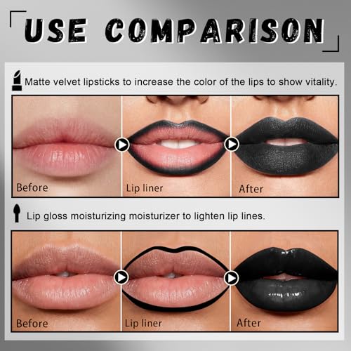 Black Lipstick and Lip Liner Set - Gothic Matte Lip Makeup - Variation: Black Lipstick + Lip Liner