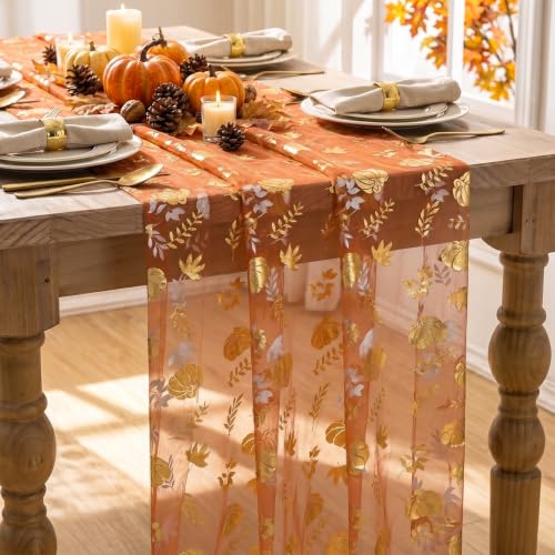Fall Gauze Table Runner 120 Inch Caramel with Metallic Foil Leaves - Artoid Mode