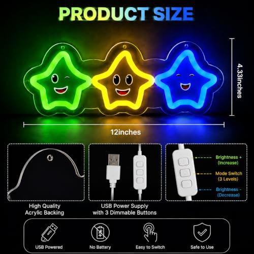 Colorful Stars Neon Sign Gaming LED Wall Decor - Kids Room & Party - Variation of Coloful Sanxing