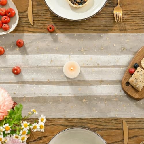 28x120 Inch Beige Gold Gauze Table Runner - Reversible Glitter Sheer Dining Decor