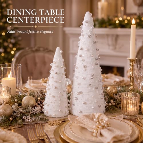 Pearl Mini Christmas Tree Set - 2 Sizes, Elegant Holiday Tabletop Decor - Pearl & Champagne Variation