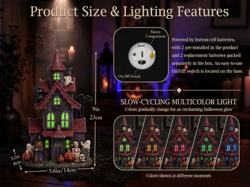 Halloween Village Figurine Set - Haunted House Decor with Purple Lights