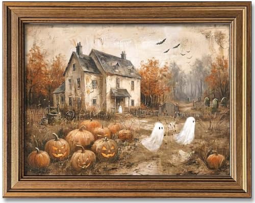 Halloween Wall Art - Haunted House & Pumpkin Canvas Print, 20" x 16" - Rustic Ghost & Autumn Decor - Variation Haunted House & Pumpkin