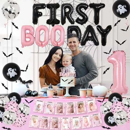 Halloween First Birthday Decorations Girl Banner Balloons Cake Topper Bat Wall Stickers