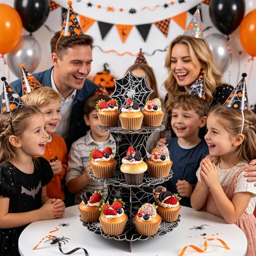Halloween Spider Web Cupcake Stand - 3-Tier Gothic Dessert Tower with Spider Web Pattern, Black, Kids & Adults Party Decor - Variation: Spider Web