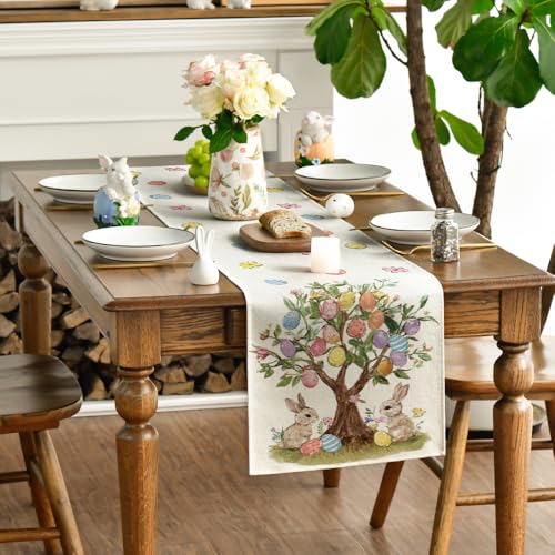 Easter Bunny Rabbit Eggs Tree Table Runner - 13 x 60 Inch Beige Seasonal Floral Decor
