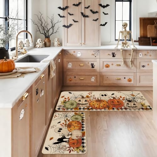 Halloween Ghost Kitchen Rugs Set of 2 - Seasonal Kitchen Floor Mats, 17x29 & 17x47 Inches
