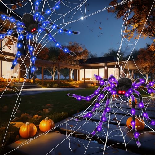 50 Inch Giant Light Up Halloween Spiders Set - Blue and Purple, Bendable Legs, Battery Operated