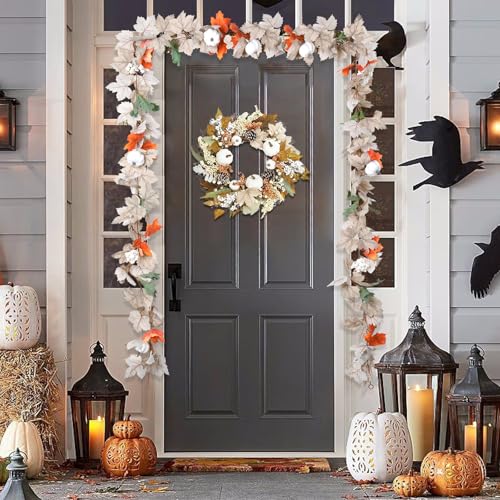 Fall Maple Leaf Garland with White Pumpkins & Berries - 2 Pack, 11.6 Ft Autumn Decor, Thanksgiving Halloween - White Fall Garlands