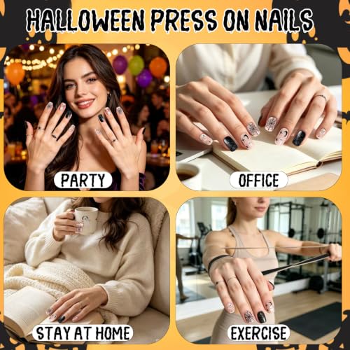 Halloween Short Square Press On Nails Set - Cute Black Fake Nails with Ghosts & Spider Webs, 24Pcs