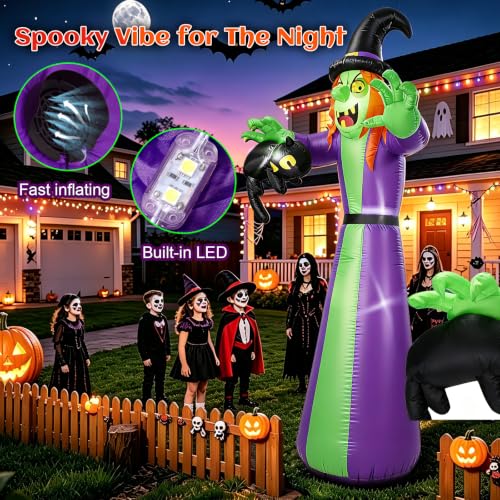 12 FT Giant Inflatable Witch with Black Cat & LED Lights - Outdoor Halloween Decor