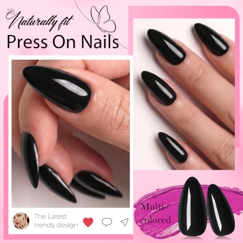 LuckForever Medium Almond Press On Nails - Black Fake Nails with Glue Tabs