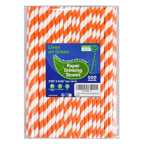 Orange White Striped Paper Drinking Straws - Eco-Friendly 7.75" Pack of 100