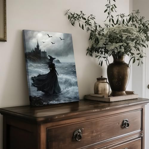 Halloween Witch Canvas Wall Art 24x16 Inches Dark Gothic Home Decor - Moody Witch Painting for Halloween Party