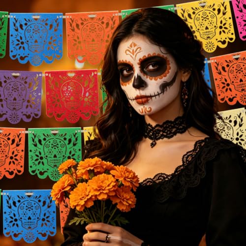 Dia De Los Muertos Decorations 4 Pack Felt Papel Picado Banners - Colorful 40 Feet