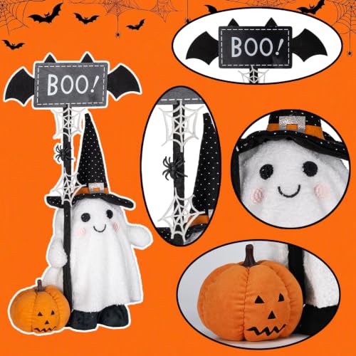 Halloween Ghost Plush Decor with Adjustable Sign and Pumpkin - Indoor Outdoor Welcome Ornament