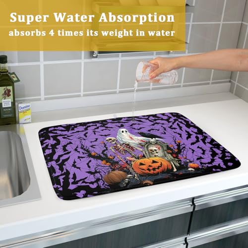 Halloween Purple Pumpkin Dish Drying Mat 18x24 Inch Spooky Ghost Bat Microfiber Kitchen Accessory