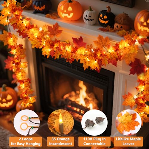 6FT 3-Pack Fall Leaf Garland with Lights - Orange Bulbs for Thanksgiving & Halloween Decor
