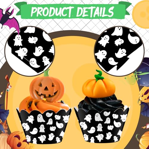 Halloween Ghost Cupcake Wrappers - 100 Pack, White Black, Party Baking Liners
