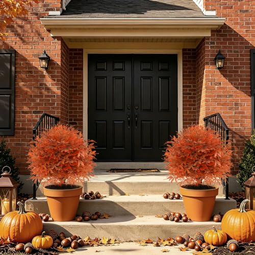 Fall Cedar Topiary Trees - Artificial Autumn Decor with Spike - 2 Pack