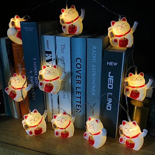 Lucky Cat Fairy String Lights - 10 LED Battery Operated Cat-Shaped Lights for Kids Room & Party Decor