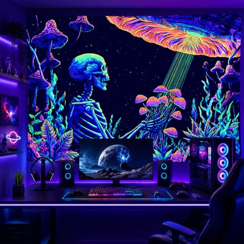 Skeleton UFO Blacklight Tapestry - Psychedelic Gothic Wall Backdrop 78x59 Inch