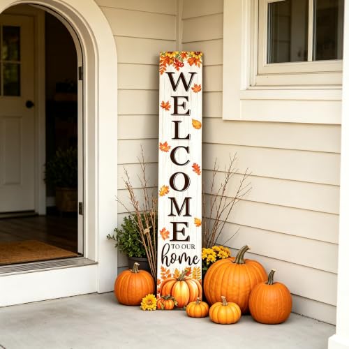 Fall Welcome To Our Home Porch Sign 47 Inches with Pumpkins & Maple Leaves - White Variation