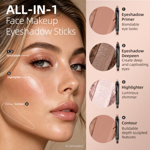 LUXAZA PRO 6PCS Neutral Shimmer Makeup Stick Set for Eyes & Face - Nude Brown