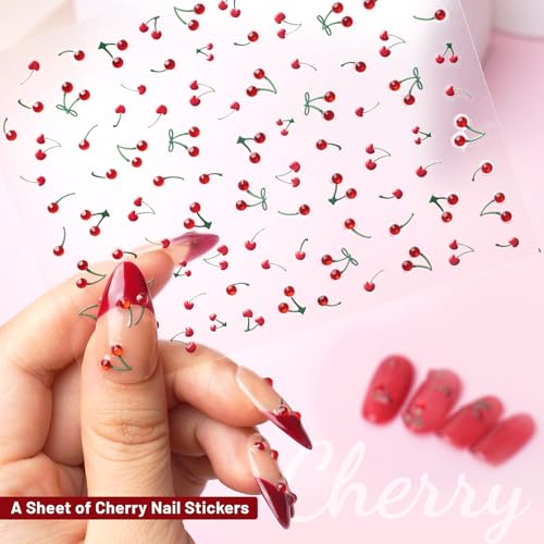 Pretty Diva Shiny Cherry Nail Art Stickers with Crystals & Charms - 5D Cherry Design