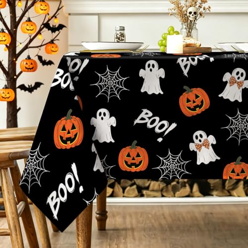 Halloween Tablecloth 60x84 Inch Rectangular - Black Ghosts & Pumpkins, Durable Polyester