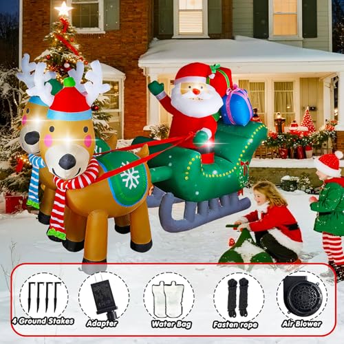Inflatable Santa Sleigh with Reindeer - 6.7FT Christmas Yard Decor with LED Lights
