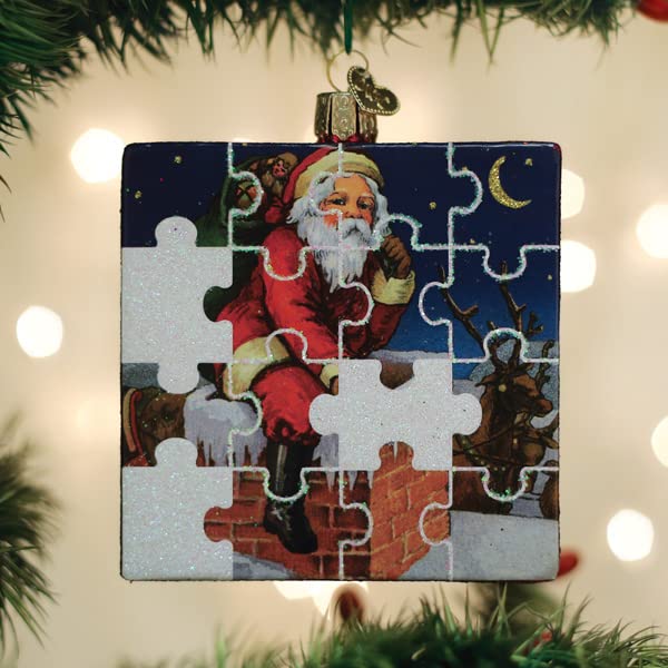 Santa Jigsaw Puzzle Glass Ornament Holiday Decoration Collectible
