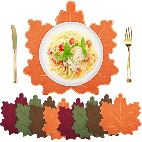 8 Pcs Maple Leaf Linen Placemats - Embroidered Washable Table Decor - Classic Design