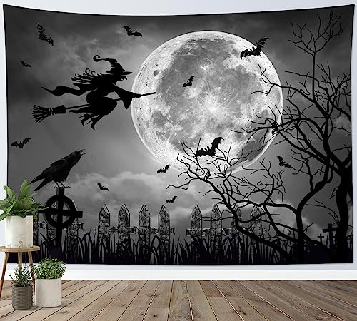 Halloween Wall Tapestry Full Moon Witch & Black Crow Scene 70x92 Inches - Grey Variation