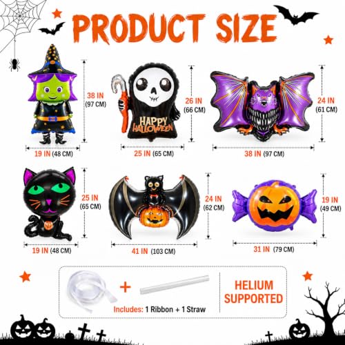 Large Halloween Foil Balloons Set - Bat, Witch, Pumpkin, Black Cat, Skeleton, Ghost & Spider Decorations