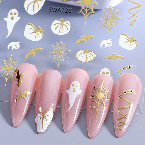 Halloween Nail Art Stickers Set - Gold2 3D Self-Adhesive Pumpkin Ghost Spider Web Decor