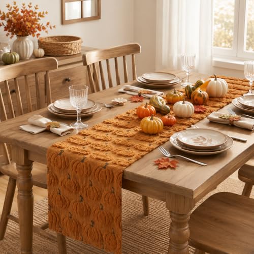 Fall Halloween Table Runner Caramel Pumpkin Decor 13x72 Inches