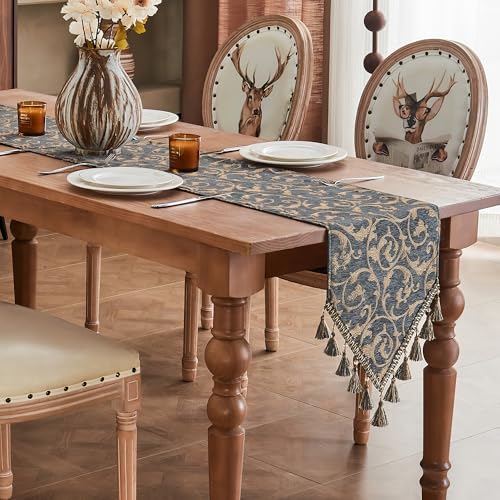 Chenille Damask Table Runner 72 Inch Blue-Grey & Khaki Variation of THIS listing