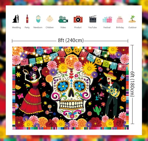 Day of The Dead Photo Backdrop Mexican Fiesta Sugar Skull Flowers - 8x6FT
