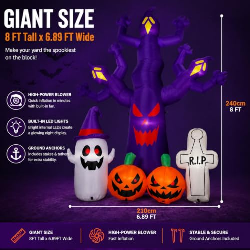 8FT Outdoor Halloween Inflatable Tree with LEDs and Creepy Scene