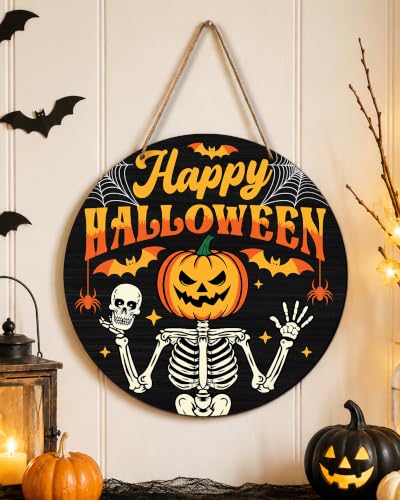 Halloween Wooden Door Sign - Skeleton Pumpkin Spooky Holiday Decor 12x12 Inches